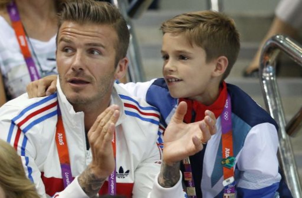 David Beckham mit seinem Sohn Romeo bei den Oylmpischen Spielen von London 2012.