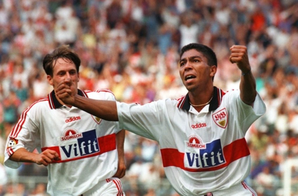1996/97: Platz 4. Die Erfolgszeit des magischen Dreiecks, bestehend aus Giovane Elber (Bild), Fredi Bobic und Krassimir Balakov. 1997 gewinnt der VfB zwar nicht die Meisterschaft, dafür aber den DFB-Pokal.