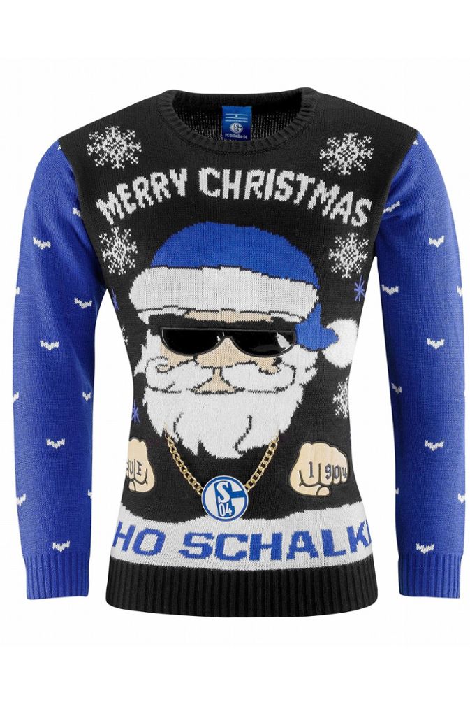 Richtig krachen lässt es Schalke 04: Mit coolem Weihnachtsmann in den Vereinsfarben Königsblau samt Goldkette, Sonnenbrille und Tattoos.