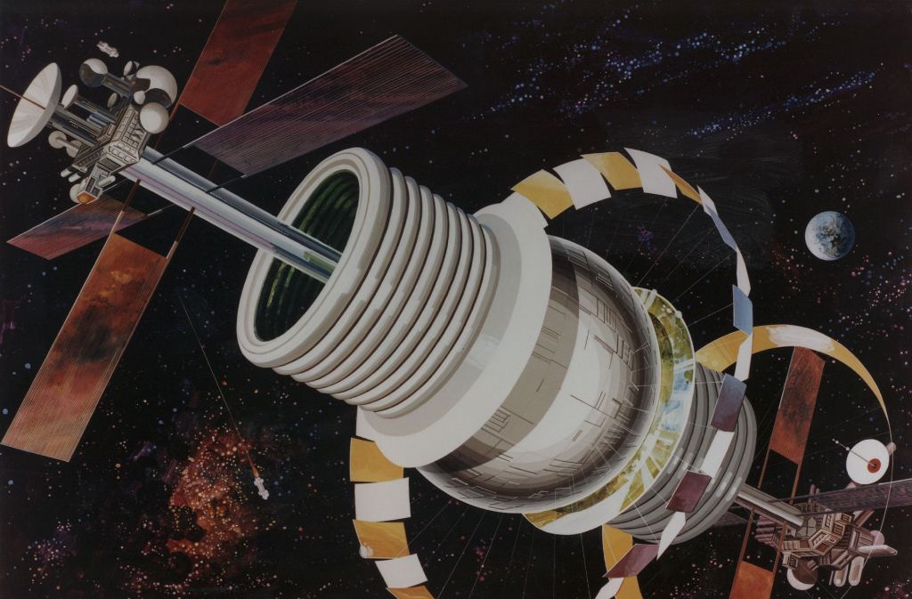 NASA-Entwurf einer Bernal-Sphäre aus den 1970er Jahren. Eine solche Raumstation soll ihren Bewohnern einen permanenten und langfristigen Lebensraum bieten. Sie wurde 1929 vom britischen Physiker John Desmond Bernal vorgestellt und soll 20.000 bis 30.000 Menschen Platz bieten.