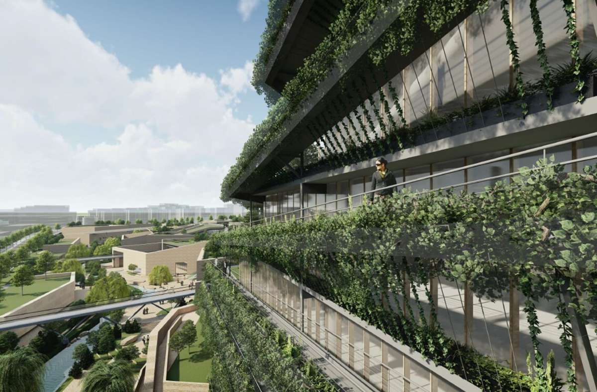 . . . Grünpflanzen an der Fassade und auf dem Dach, Regenwasserauffangbecken, um die Grenzen der Energieeinsparung und Emissionsreduzierung bei Gebäuden voll auszuschöpfen.