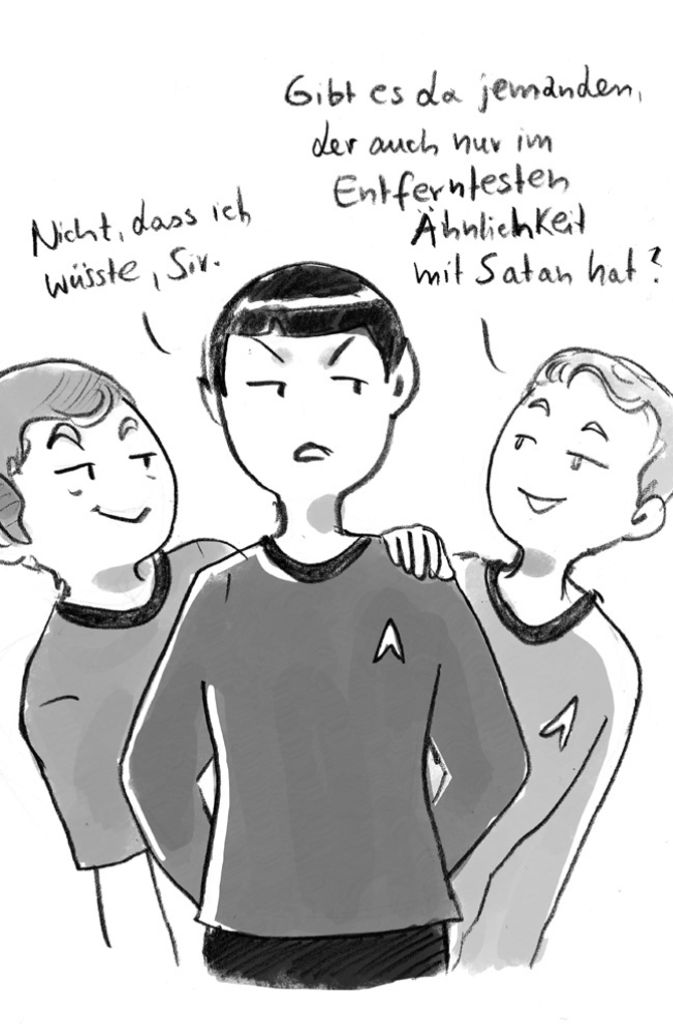 Dr. McCoy, Mr. Spock, Captain Kirk (v. li. n. re.).