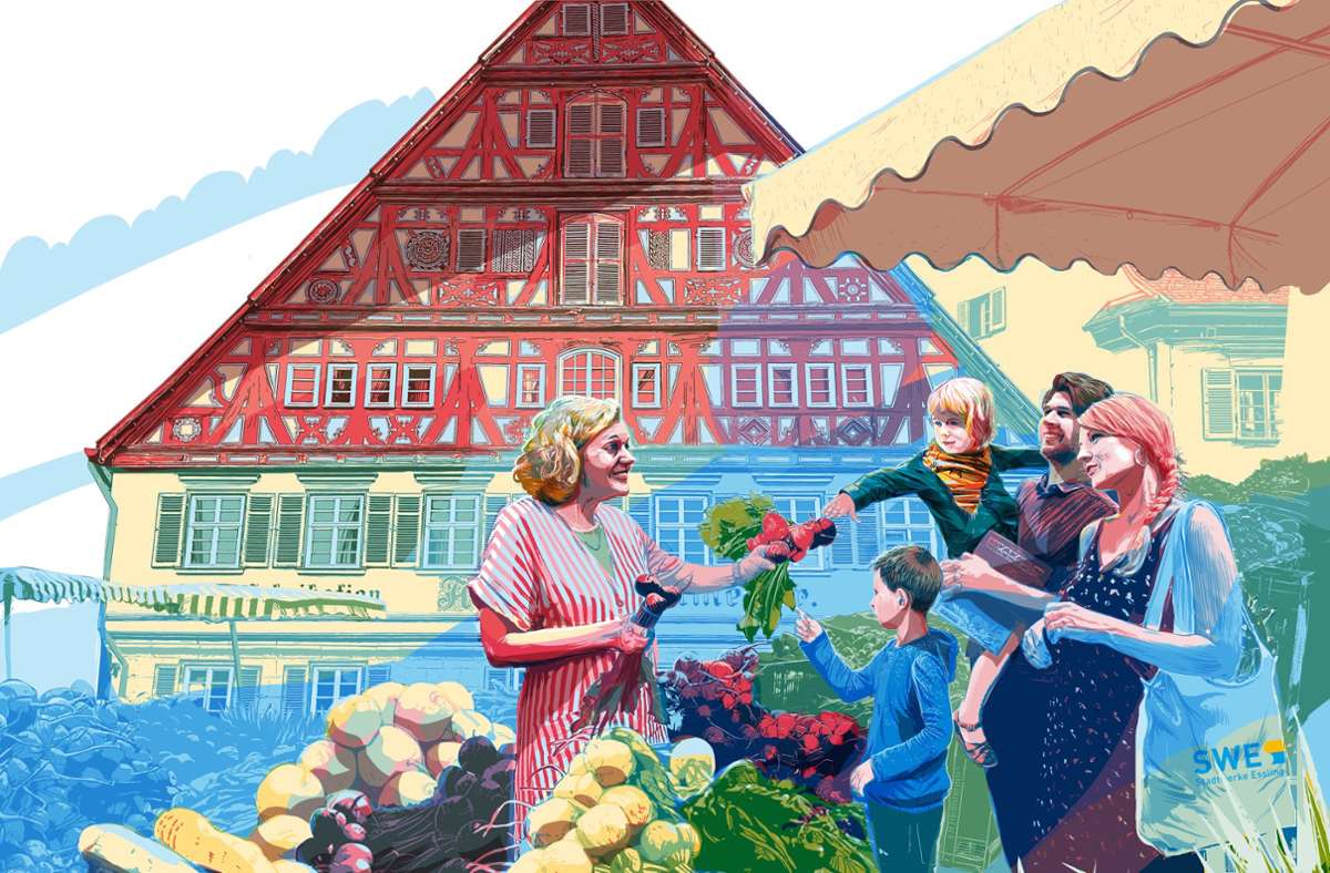 Das lebendige Treiben auf dem Esslinger Wochenmarkt hat Florian Bayer zu einer Zeichnung inspiriert