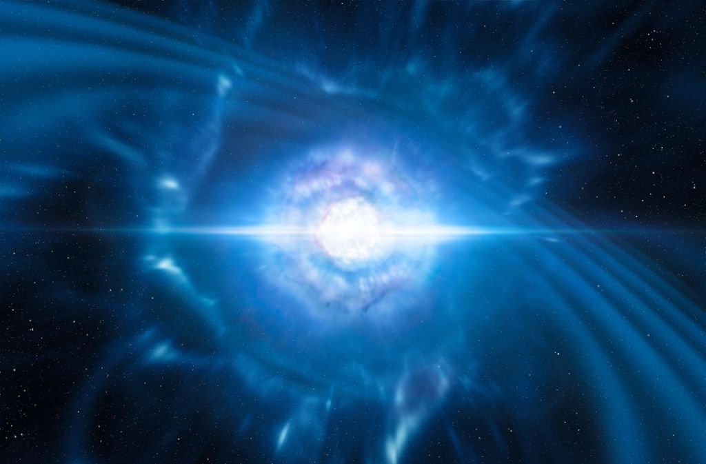 Diese künstlerische Darstellung zeigt die Explosion zweier verschmelzender Neutronensterne. Astronomen hatten erstmals im Februar 2016 Gravitationswellen von der Kollision zweier Neutronensterne aufgezeichnet.