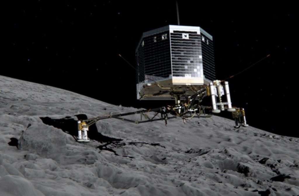 Dieser Screenshot aus einem Video zeigt die simulierte Landung von "Philae" auf dem Zielkometen Tschurjumow-Gerassimenko. Der angepeilte Landeplatz des Minilabors hat einen Namen bekommen: "Agilkia" heißt die Stelle, auf der der Lander der Raumsonde "Rosetta" aufsetzen soll.