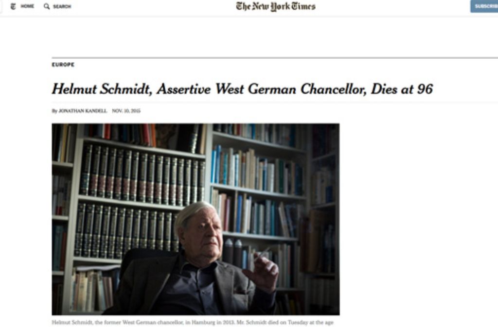 Die internationale Presse würdigt den verstorbenen deutschen Altkanzler Helmut Schmidt nicht nur als großen Politiker. Wir geben einen Überblick.Die "New York Times" schreibt: "Mr. Schmidt war jahrzehntelang einer der beliebtesten Politiker Westdeutschlands."