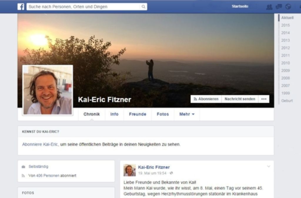 Mit einem Post in seinem Facebook-Profil bat die Frau von Kai-Eric Fitzner um Hilfe. Foto: Screenshot Facebook