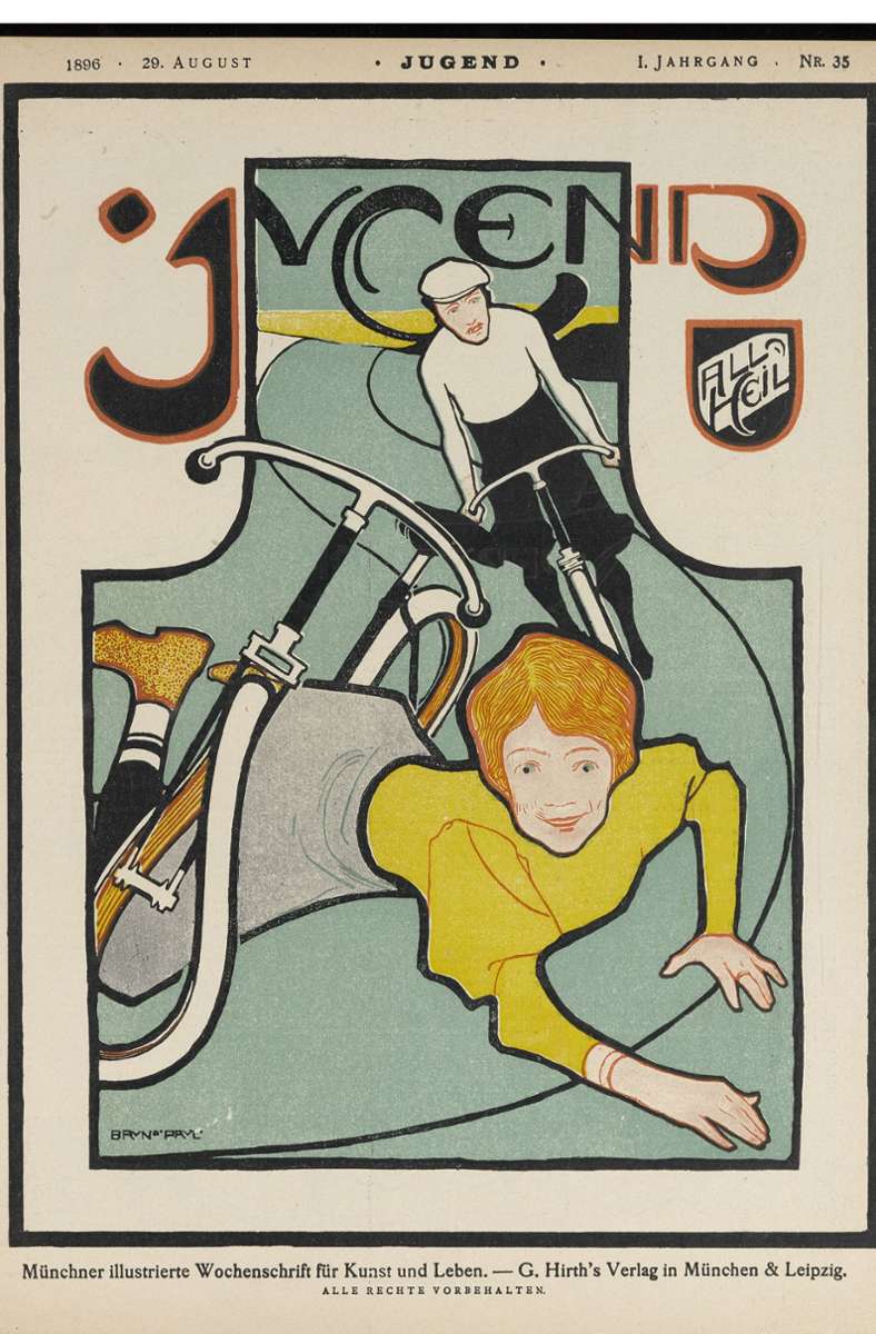 Frauen steigen nun auch aufs Rad. Offenbar traute ihnen nicht jeder zu, dass sie das können. Cover der Zeitschrift „Jugend“ 1896.