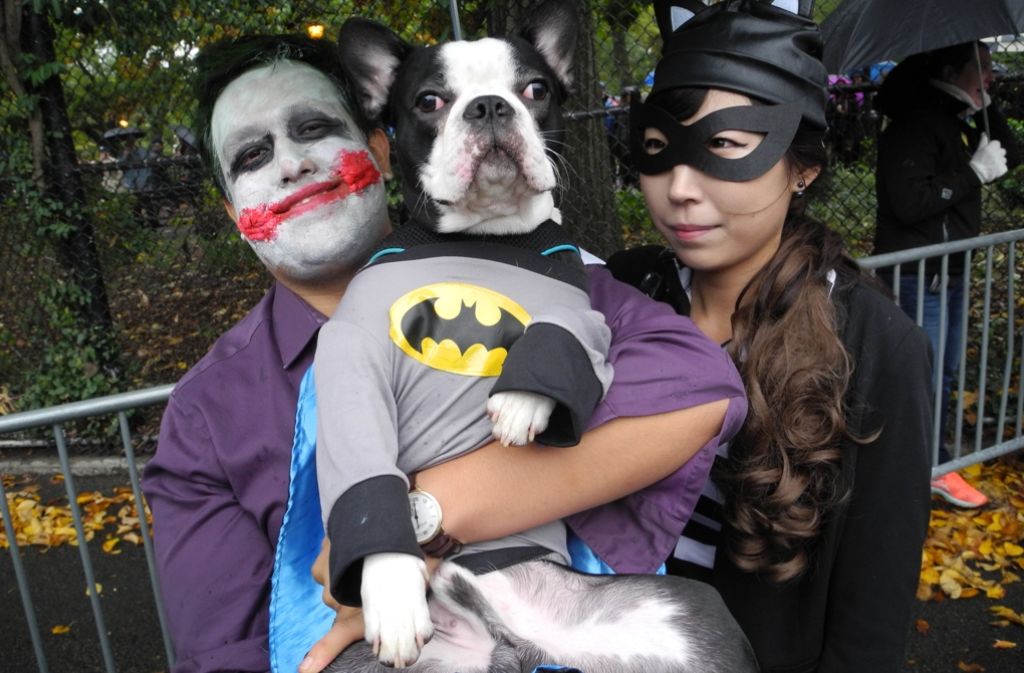 Zwei als Superheld Batman und Bösewicht Joker verkleidete New Yorker haben ihren kleinen Hund für die Parade in ein Batman-Kostüm gesteckt.