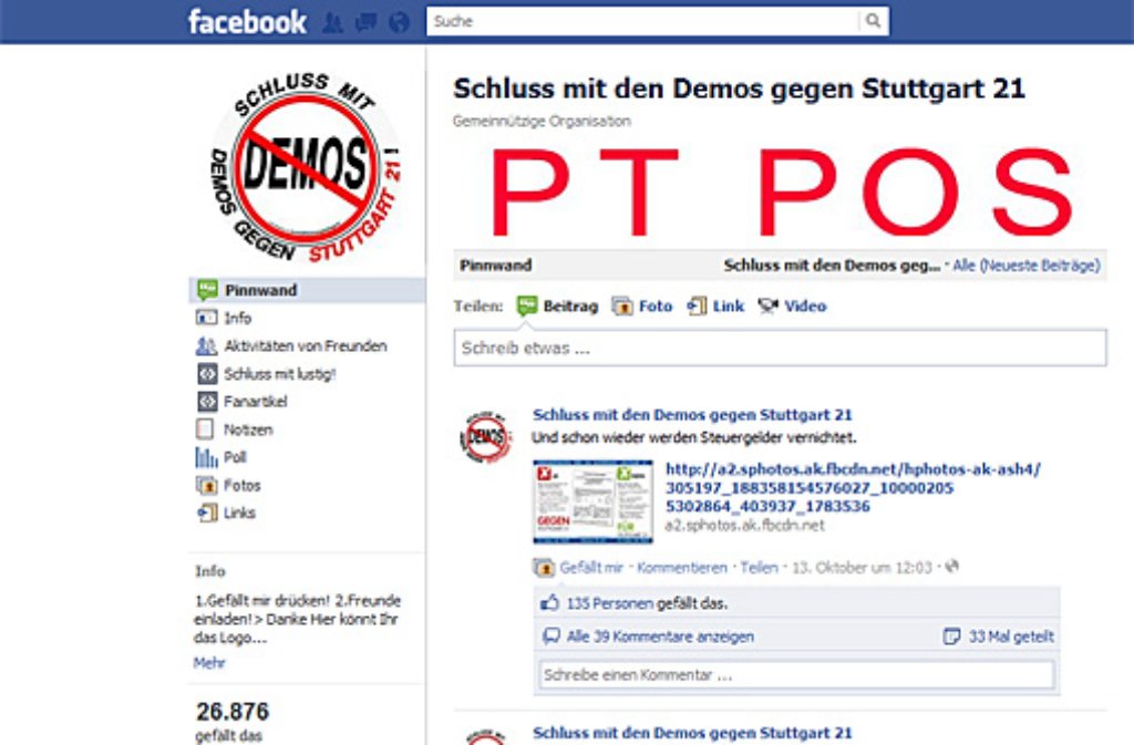 ... mehr Facebook-User haben längst vor allem eines im Sinn: "Schluss mit den Demos gegen Stuttgart 21"! Dieser Facebook-Gruppe, die im August 2010 gegründet wurde, folgen inzwischen fast 27.000 User.