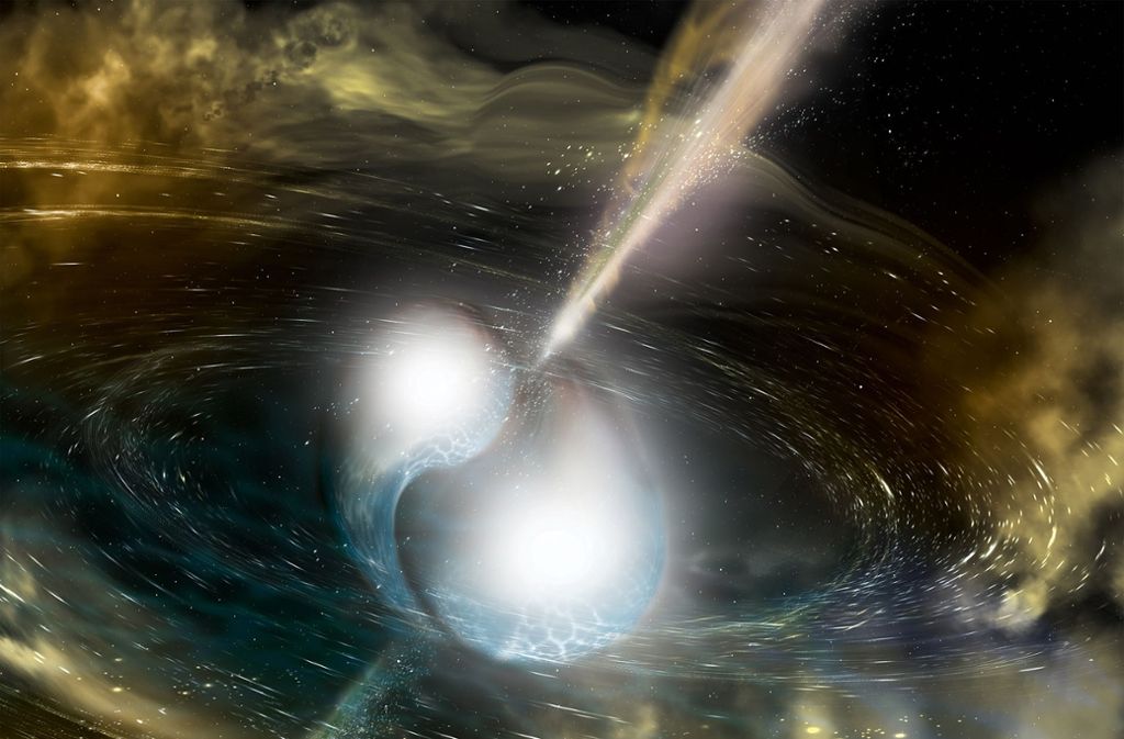 Die Illustration der National Science Foundation zeigt zwei verschmelzende Neutronensterne, die Gravitationswellen ins All aussenden.