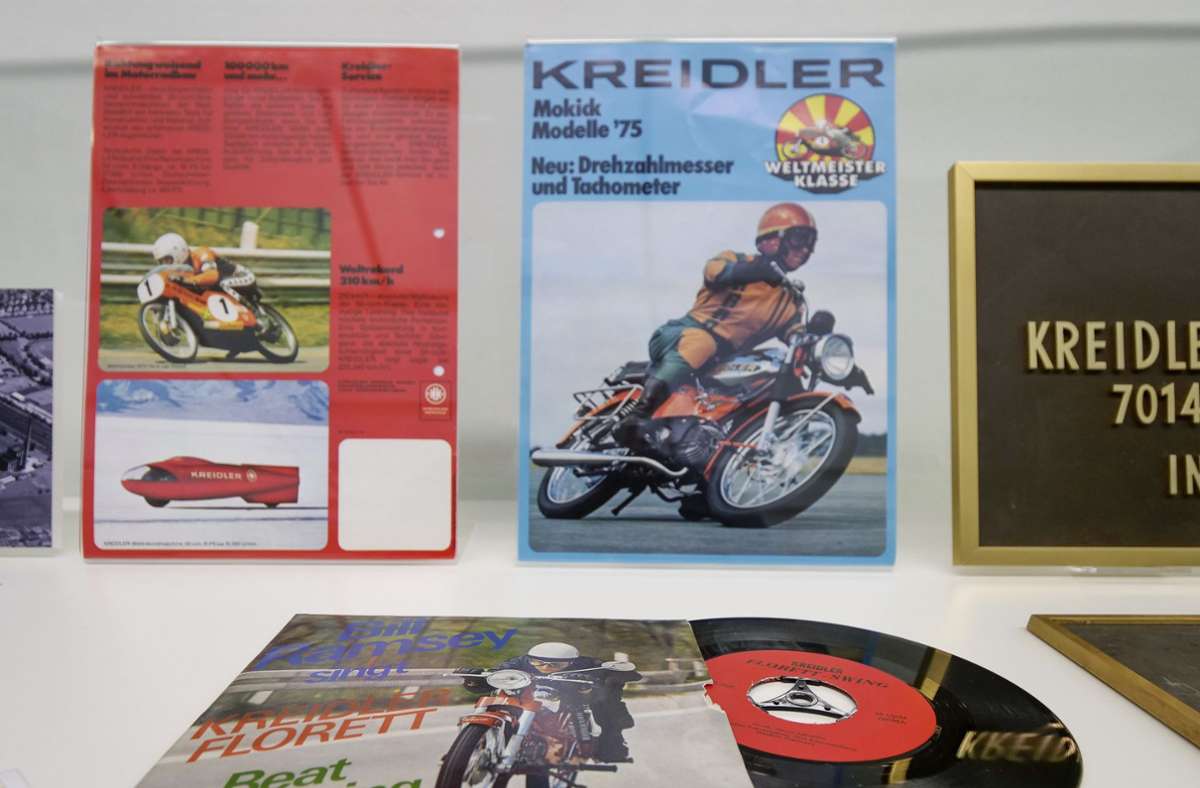 In Kornwestheim selbst war Kreidler zuhause. Ein Teil der Ausstellung ist der Firma gewidmet, die für ihre Mopeds, Mofas, Mokicks, Klein- und Leichtkrafträdern bekannt war, ehe sie in Konkurs ging und 1982 geschlossen wurde.
