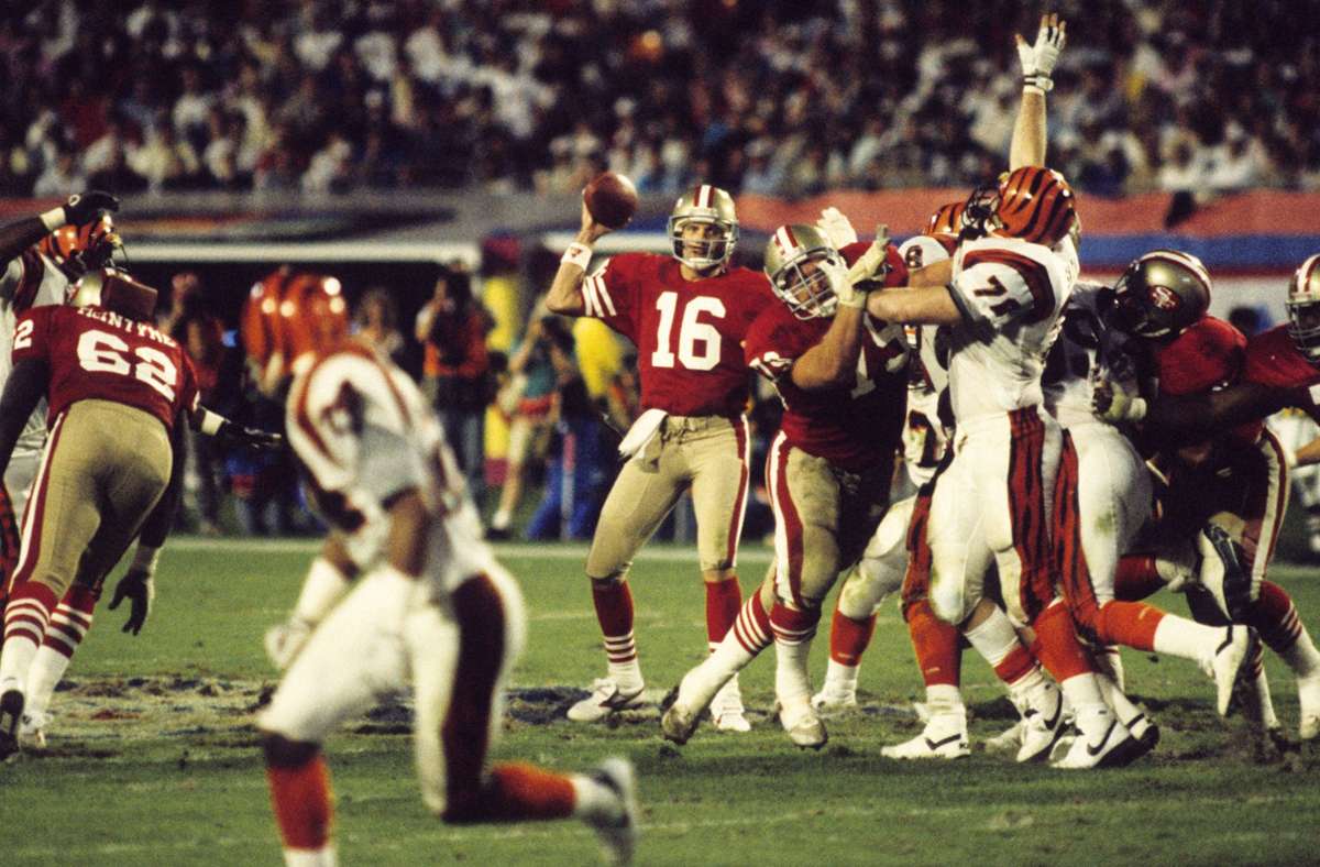 1989 feierten die San Francisco 49ers gegen die Cincinnati Bengals nach dem 20:16 ihren dritten Superbowl-Triumph. 3:10 Minuten vor Schluss beim Stand von 13:16 kamen die 49ers auf der eigenen 8-Yard-Linie in Ballbesitz. Quarterback-Legende Joe Montana (Nr. 16) führte sein Team übers Feld und warf 34 Sekunden vor dem Ende den entscheidenden Touchdown.