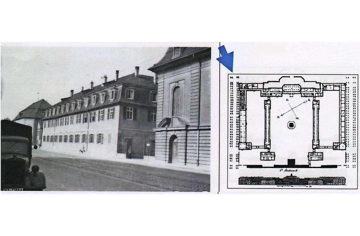 Hier sieht man 1942 von der Neckarstraße (heute Konrad-Adenauer-Straße, B 14) auf die Front der einstigen Militärakademie.