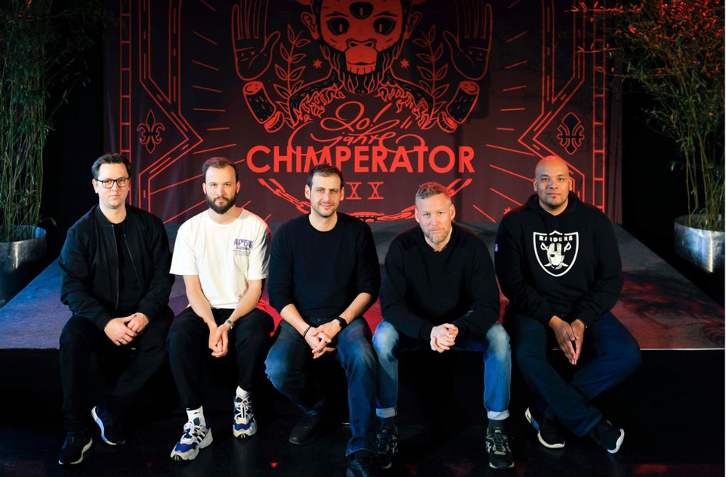 Die Chimperator-Chefs: Matthias Mettmann, Steffen Posner, Niko Papadopoulos, Sebastian Schweizer und Kodimey Awokou (von links nach rechts).