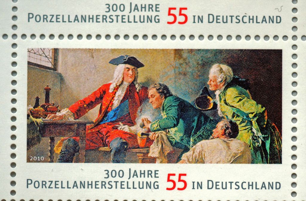 Das Gemälde von Paul Kießling zeigt den ersten Besuch des Fürsten August des Starken auf der Albrechtsburg in Meißen. Böttger zeigt ihm dabei das Arkanum – die Tinktur, mit die unedle Metalle in Gold verwandeln können soll.