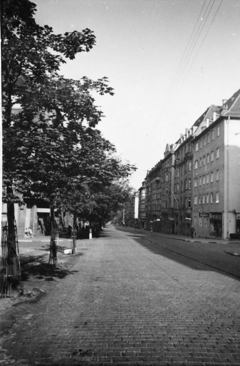 Auch diesen Anblick auf Höhe Scheffelstraße kann man bis heute so ähnlich haben. Die Häuser auf der rechten Straßenseite stehen jedenfalls bis heute. Mehrere Bäume mussten jedoch Parkplätzen weichen.
