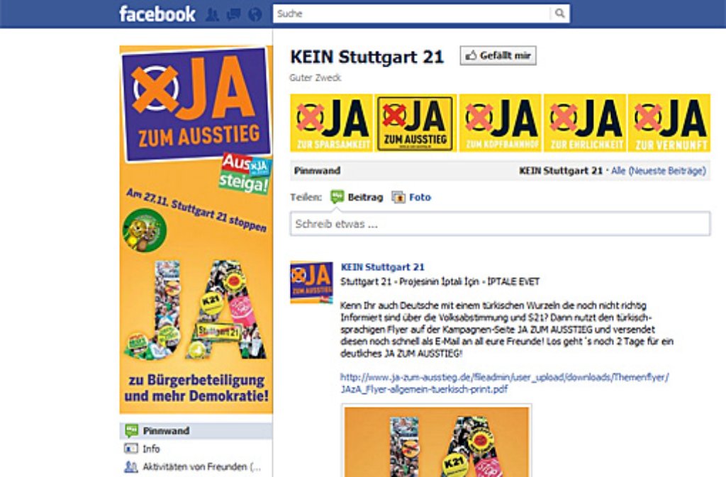 Professionelle Anti-S21-Kurzfilme, ein Plakat auf Türkisch: Die Facebook-Gruppe "KEIN Stuttgart 21" hat fast 102.000 Fans - das verspricht einiges für die Volksabstimmung am Sonntag. Noch ...