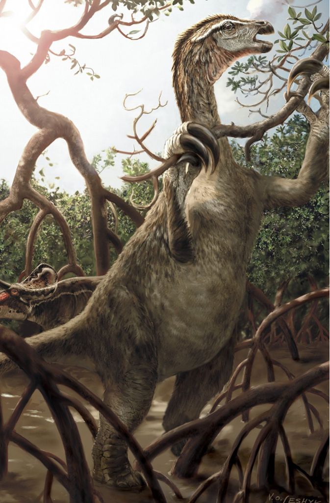 Der Dinosaurier Nothronychus graffami im Mangrovenwald.