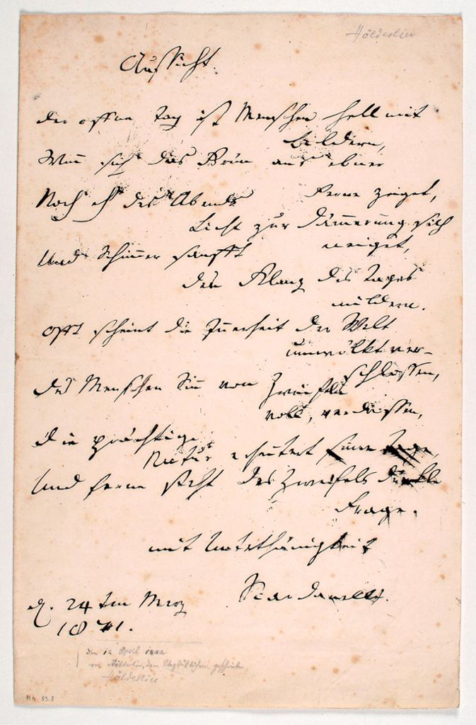 Friedrich Hölderlin: Aussicht. Eigenhändiges Gedicht mit Unterschrift „Scardanelli“.