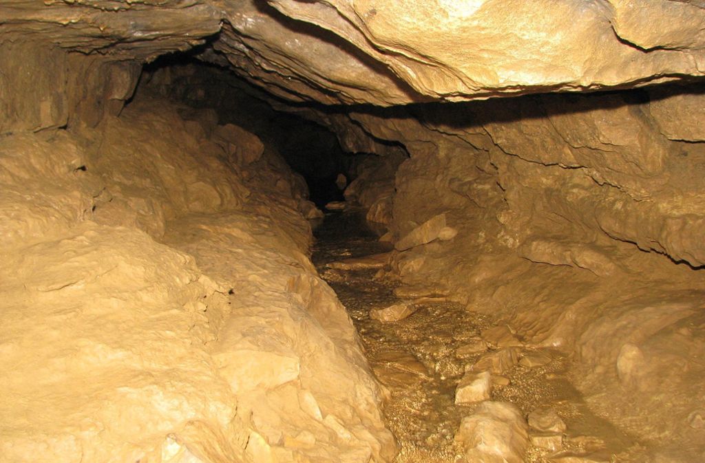 Der vordere Bereich der Höhle mit der Elsach bei Niedrigwasser.