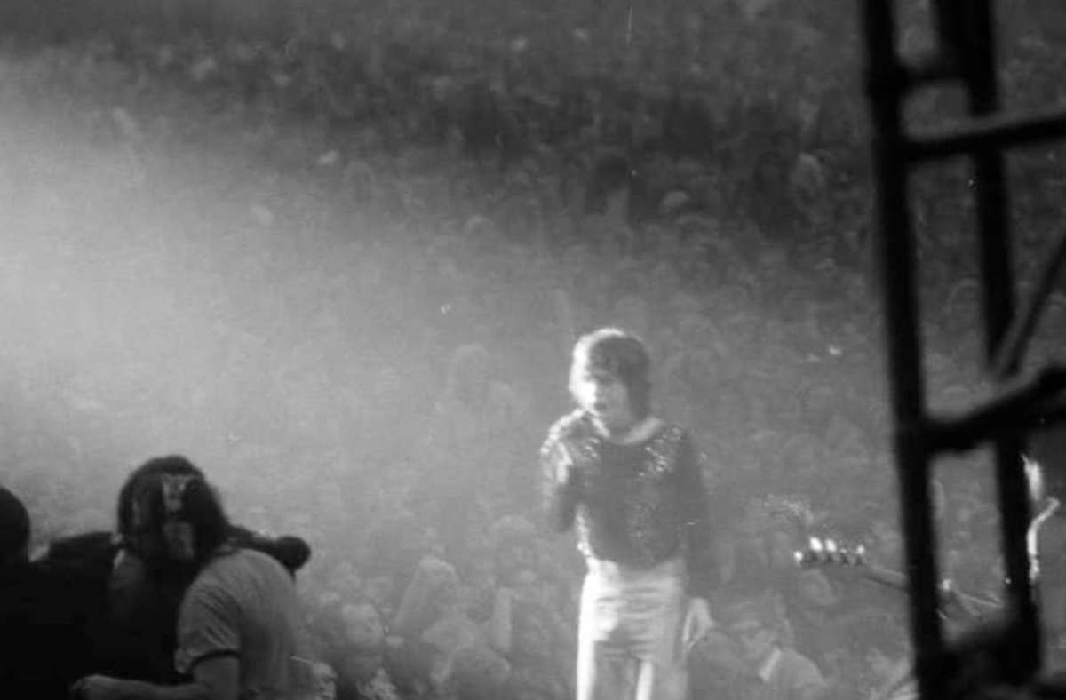 Mick Jagger 1970 auf der Bühne in Halle 6 des Killesbergs.
