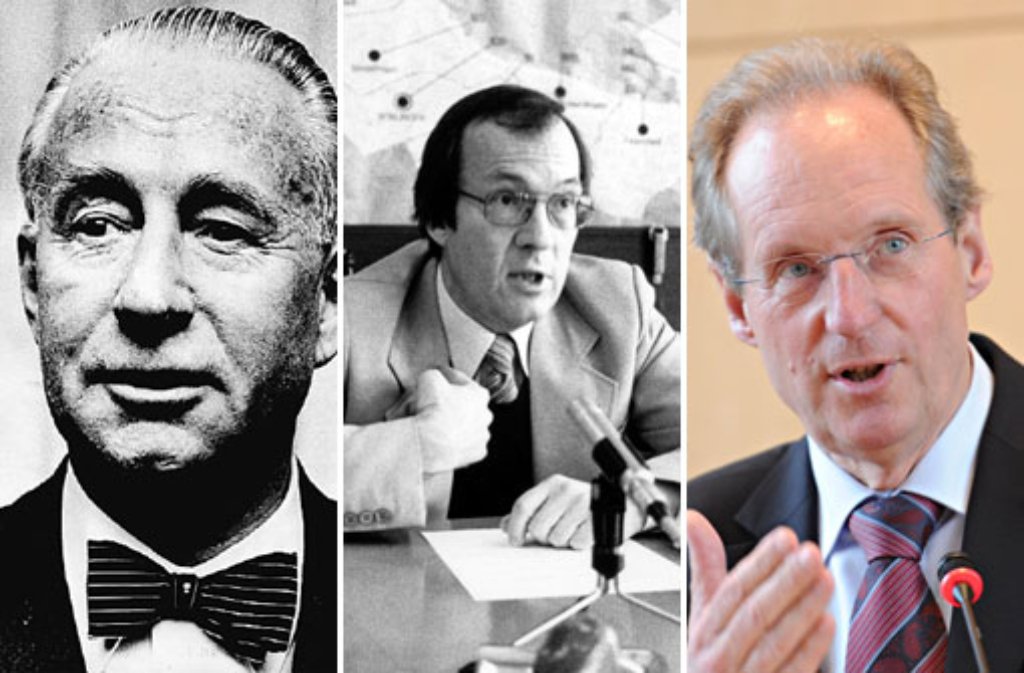 Drei Oberbürgermeister haben Stuttgart seit 1945 ihren Stempel aufgedrückt (von links): Arnulf Klett (parteilos), Manfred Rommel (CDU) und Wolfgang Schuster (CDU). Foto: Fotos: dpa