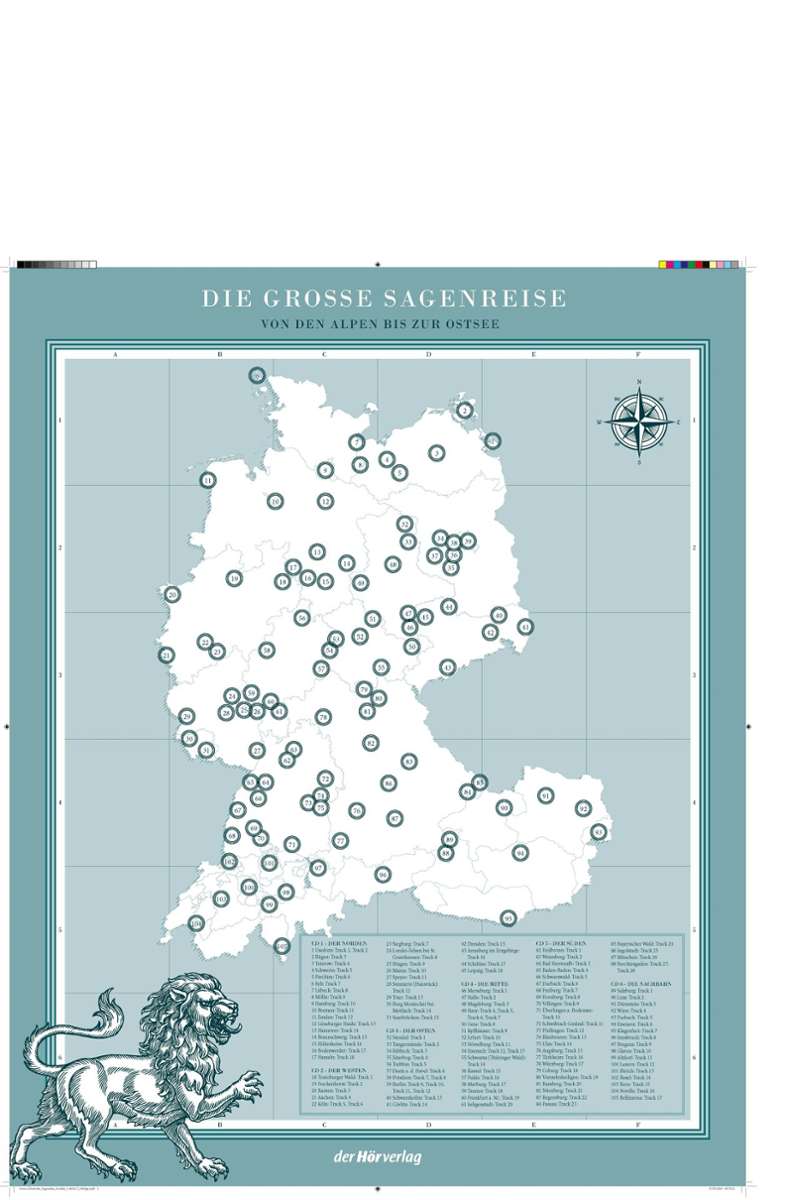 Das Hörbuch „Die große Sagenreise“ hat als Beigabe auch eine Karte, hier sind die Orte verzeichnet, an denen die Sagen handeln.