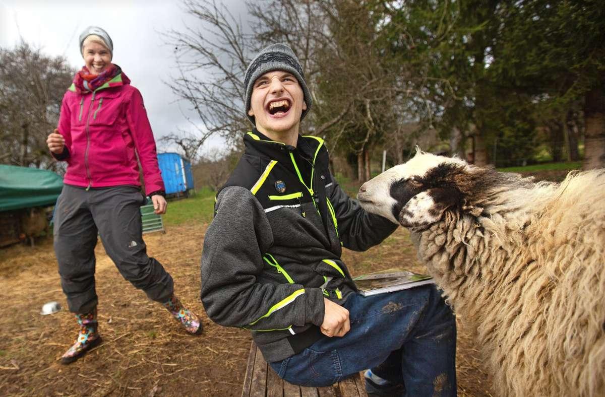 Gitti Wierichs (links) und der 19-Jährige Justin haben eine gute Zeit mit den Schafen.