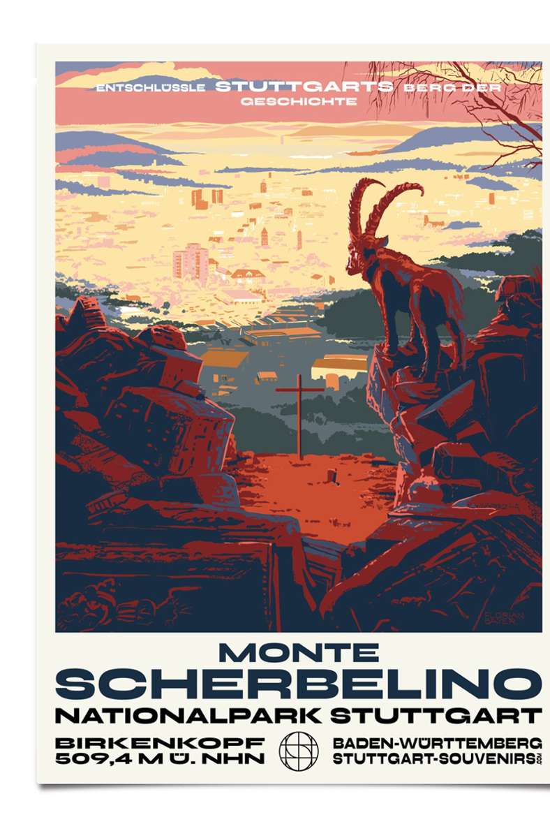 Für die Poster- und Puzzleserie „Nationalpark Stuttgart“ lässt Florian Bayer auf dem Birkenkopf, im Volksmund „Monte Scherbelino“ genannt, den Steinbock heimisch werden.