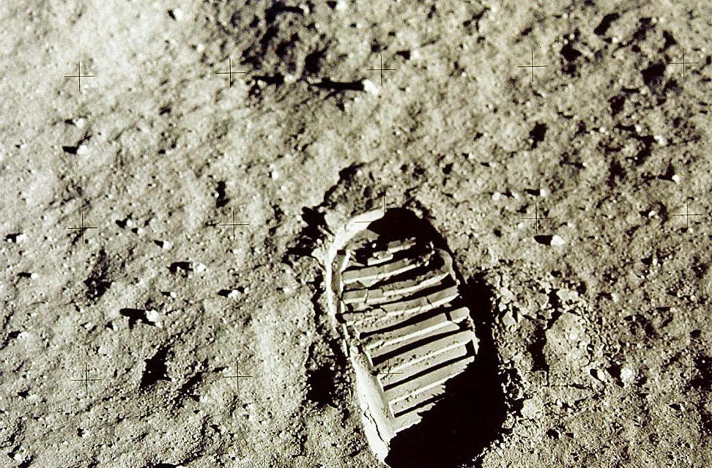 20. Juli 1969: Ein Fußabdruck des amerikanischen Astronauten Edwin E. Aldrin auf dem Mond.