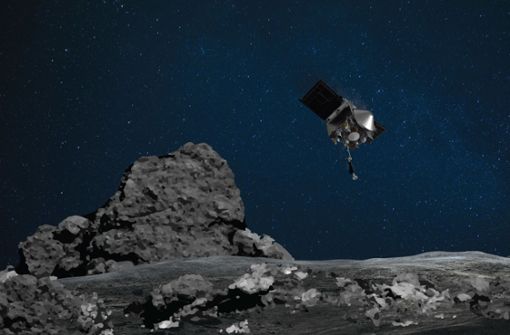 Die Raumsonde „Osiris Rex“  nähert sich dem Asteroiden Bennu (künstlerische Darstellung). In der Nacht zum 21. Oktober hatte sich die Nasa-Sonde erfolgreich dem Asteroiden bis auf wenige Meter genähert und Bodenproben zu sammeln. Foto: Nasa/Goddard/University of Arizona/AP/dpa