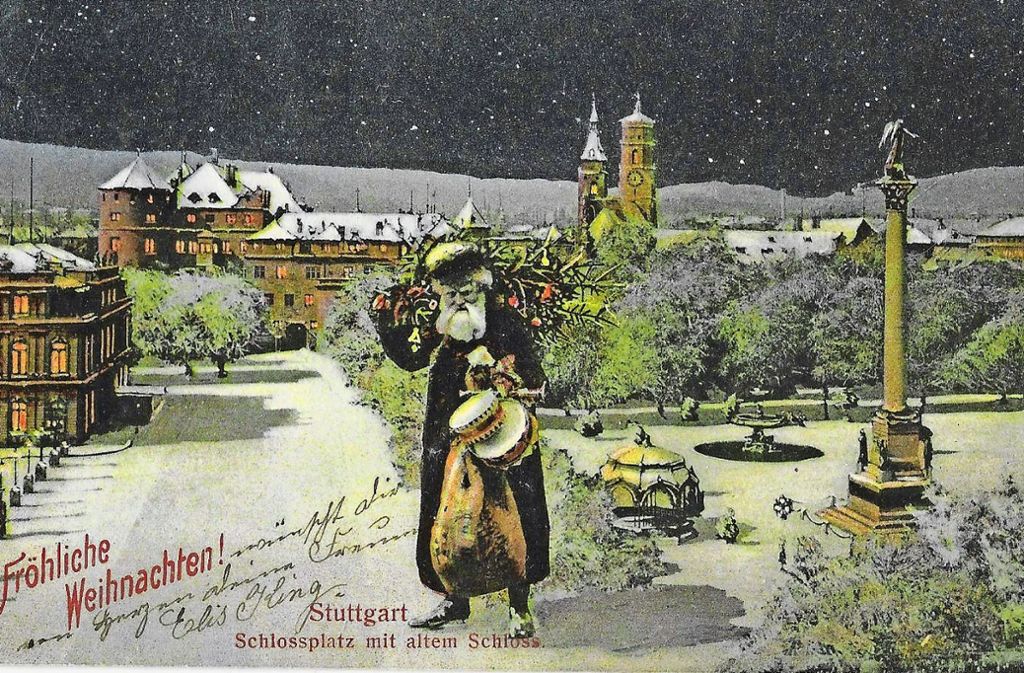 1905 ist diese Weihnachtskarte vom Schlossplatz verschickt worden: Stuttgarts Hügel sind schneebedeckt – und häuserlos