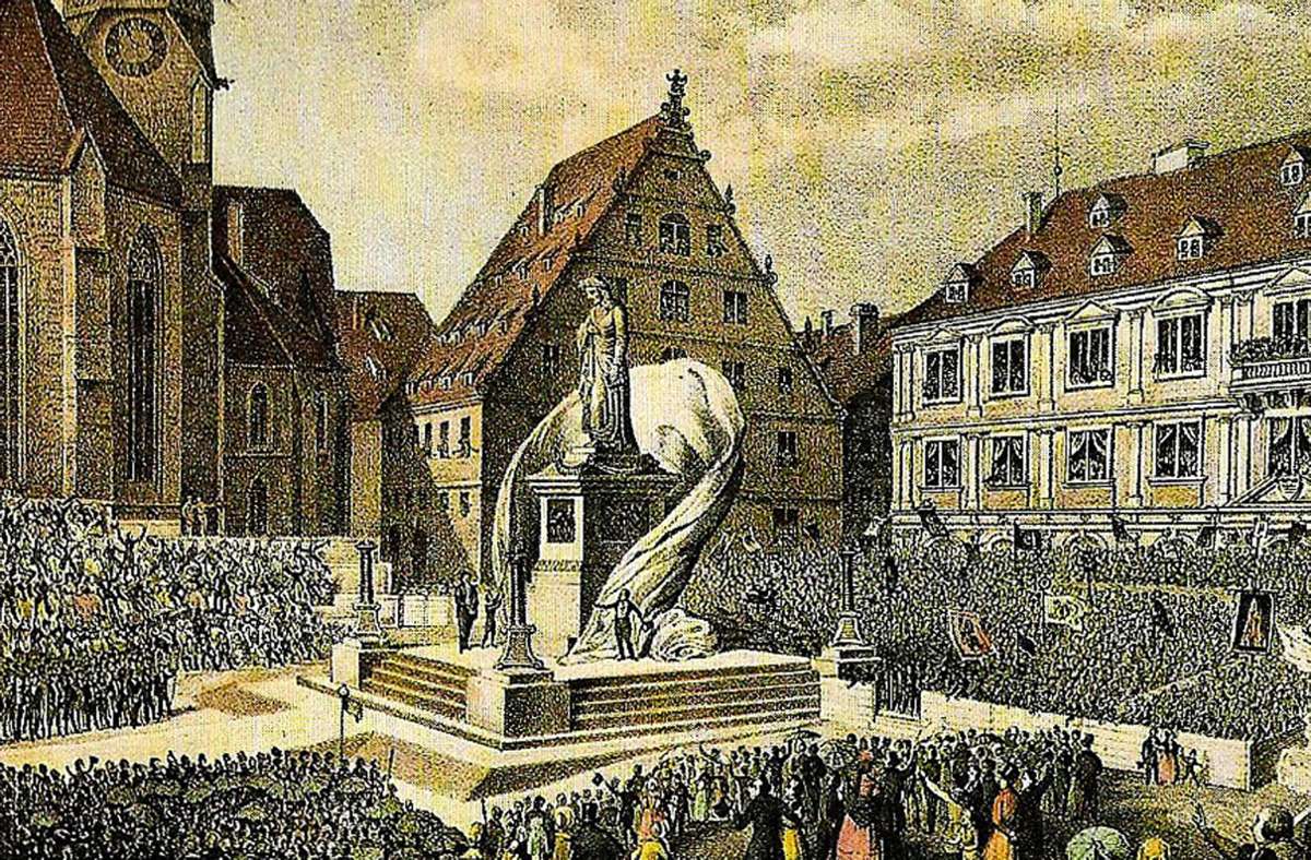 Die Einweihung des Schillerdenkmals am 8. Mai 1839 nach einer Farblithografie von Wenzel Pobuba.