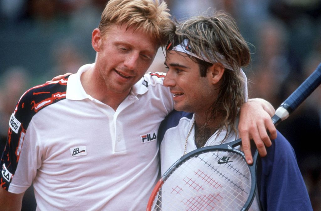 Einstige Rivalen: das Tenniswunderkind aus Leimen, Boris Becker, und der Paradiesvogel aus den USA, Andre Agassi 1991 auf dem Platz.