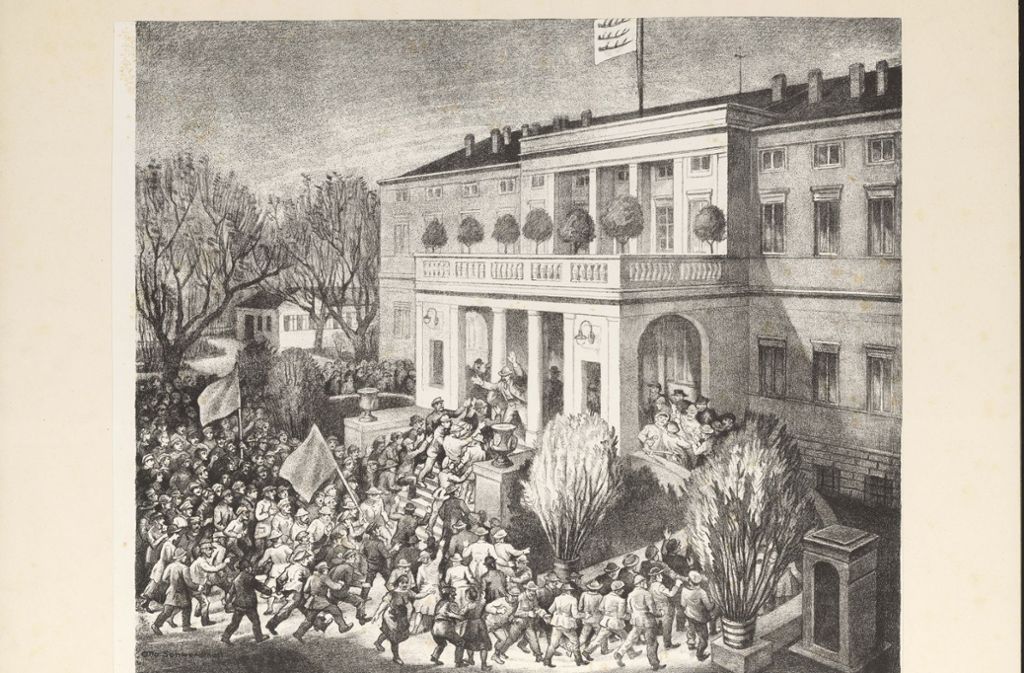 Der „Sturm auf das Palais“ in einer Kreidelithographie von Otto Schwerdtner Foto: Haus der Geschichte Baden-Württemberg
