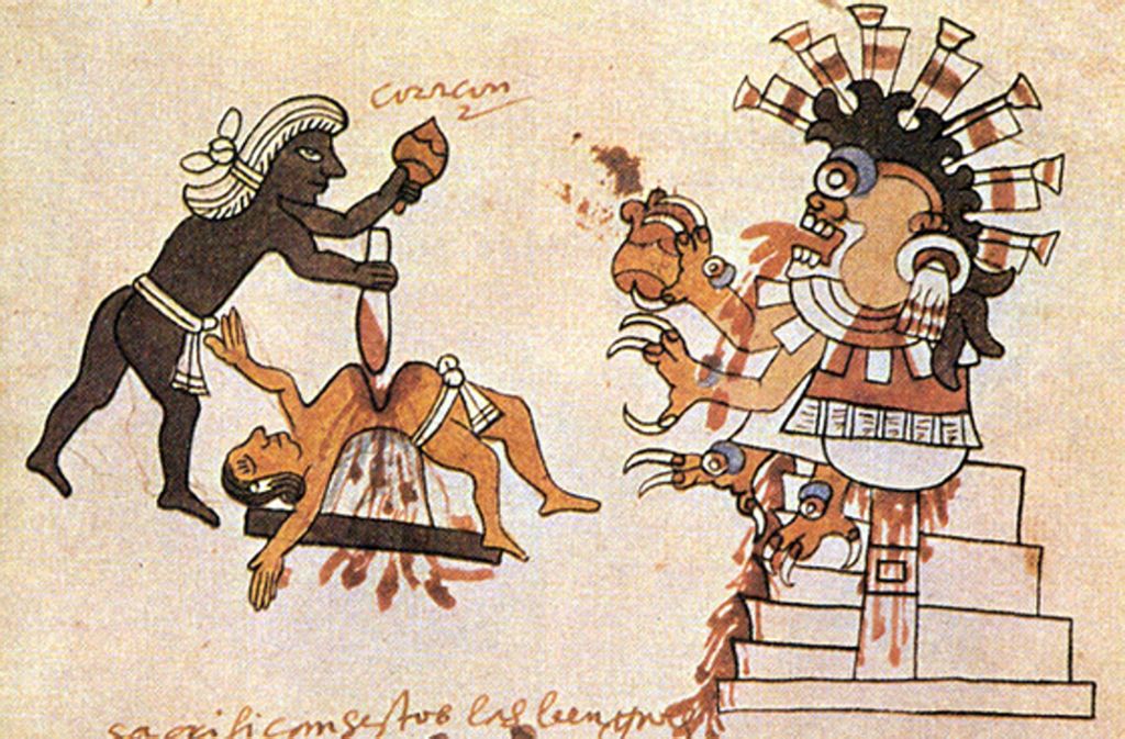 Aztekische Gefangene werden den Göttern geopfert (Codex Tudela, 16. Jahrhundert). Das Aztekenreich wurde zwischen 1519 und 1521 von den Spaniern und ihren indianischen Verbündeten unter Hernán Cortés unterworfen.