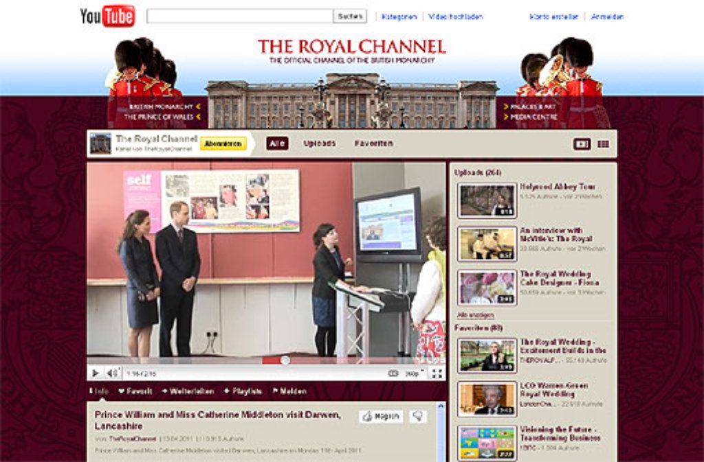 ... sogar noch einen drauf: Auch auf Youtube sind die Royals vertreten. "The Royal Channel", der offizielle Youtube-Kanal der britischen Königshauses, zeigt regelmäßig aktuelle Videos zur anstehenden Traumhochzeit. Und das Spektakel am 29. April wird in diesem Kanal auch live übertragen. Zur ...