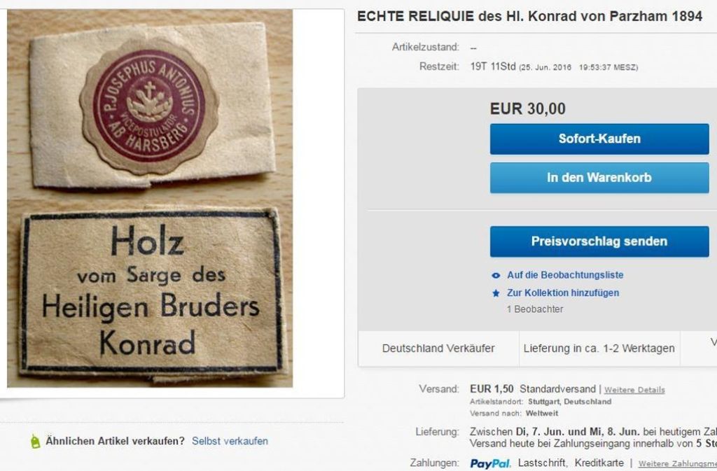 Diese ebenfalls angeblich „echte Reliquie des Hl. Konrad von Parzham 1894“ kann man auf Ebay für mindestens 30 Euro erwerben