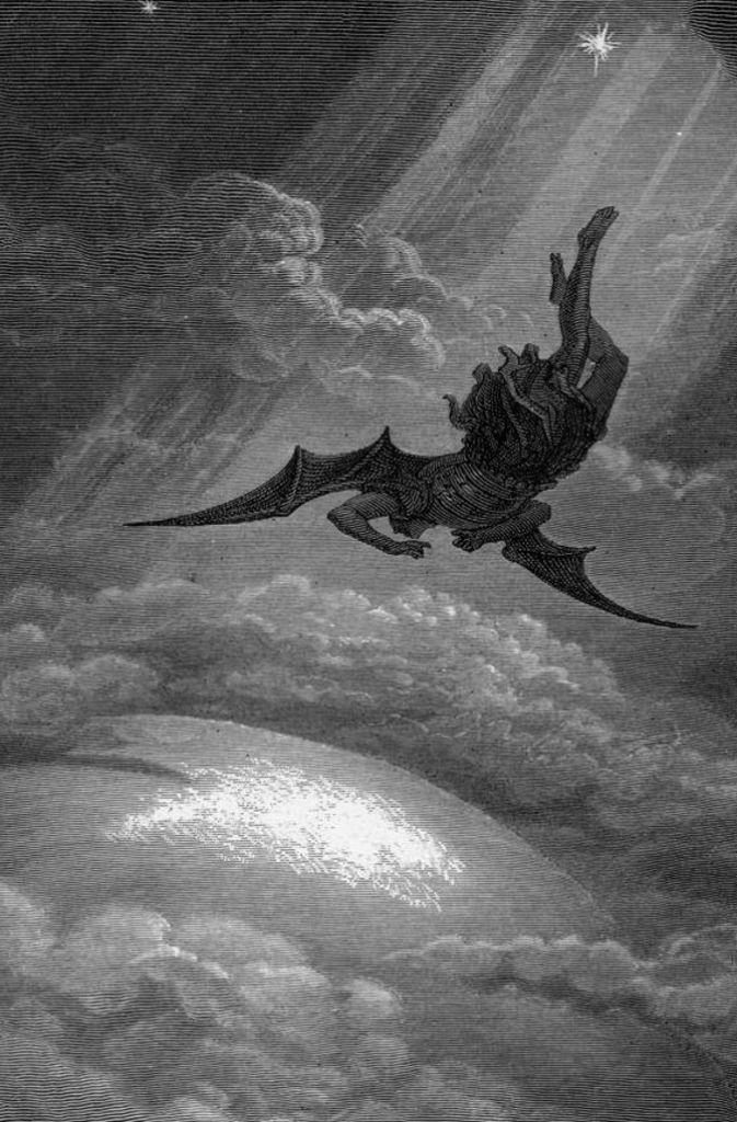 „Sturz Satans“, Illustration von Gustav Doré (1832-1883) zu John Milton’s (1608-1674) Dichtung „Paradiese Lost“ (Das verlorene Paradies) von 1667.