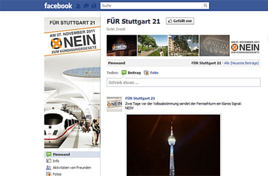 ... deutlich mehr Facebook-Anhänger - insgesamt rund 180.000 - hat die Gruppe "FÜR Stuttgart 21", die zuletzt aufwändige Projektionen gemacht hat - auf der Facebook-Seite sind der Fernsehturm, das Tübinger Rathaus und der Stuttgarter Hauptbahnhof mit Nein-Kreuzchen zu sehen. Den Beiträgen der ...
