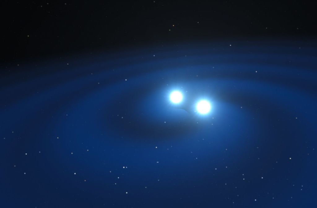 Diese künstlerische Darstellung zeigt zwei Neutronensterne kurz vor ihrer Verschmelzung. Astronomen hatten 2016 erstmals Gravitationswellen von der Kollision zweier Neutronensterne aufgezeichnet.