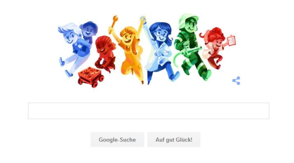 28. April 2016: Kinder sind unsere Zukunft: Zur Feier des Girls and Boys Day hat Google ein neues "Doodle" auf die Startseite gesetzt. Abgebildet sind Mädchen und Jungs in typischer Arbeitskleidung verschiedener Berufgruppen wie Feuerwehrmann, Mechaniker, Wissenschaftler oder Arzt.