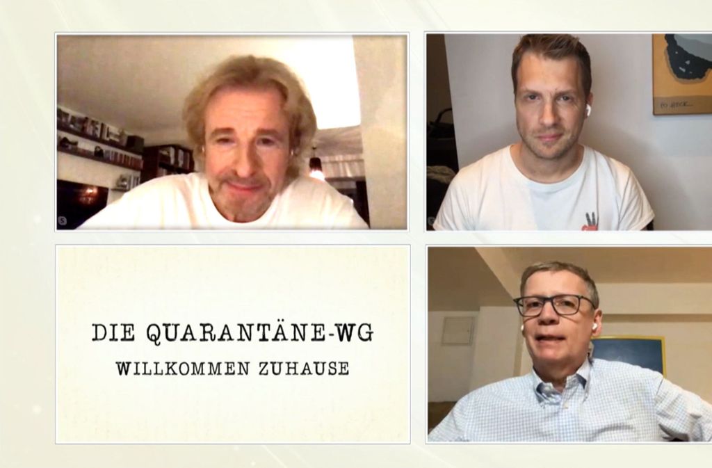 Thomas Gottschalk (oben l.) zusammen mit Günther Jauch (unten r.) und Oliver Pocher in „Die Quarantäne-WG“’