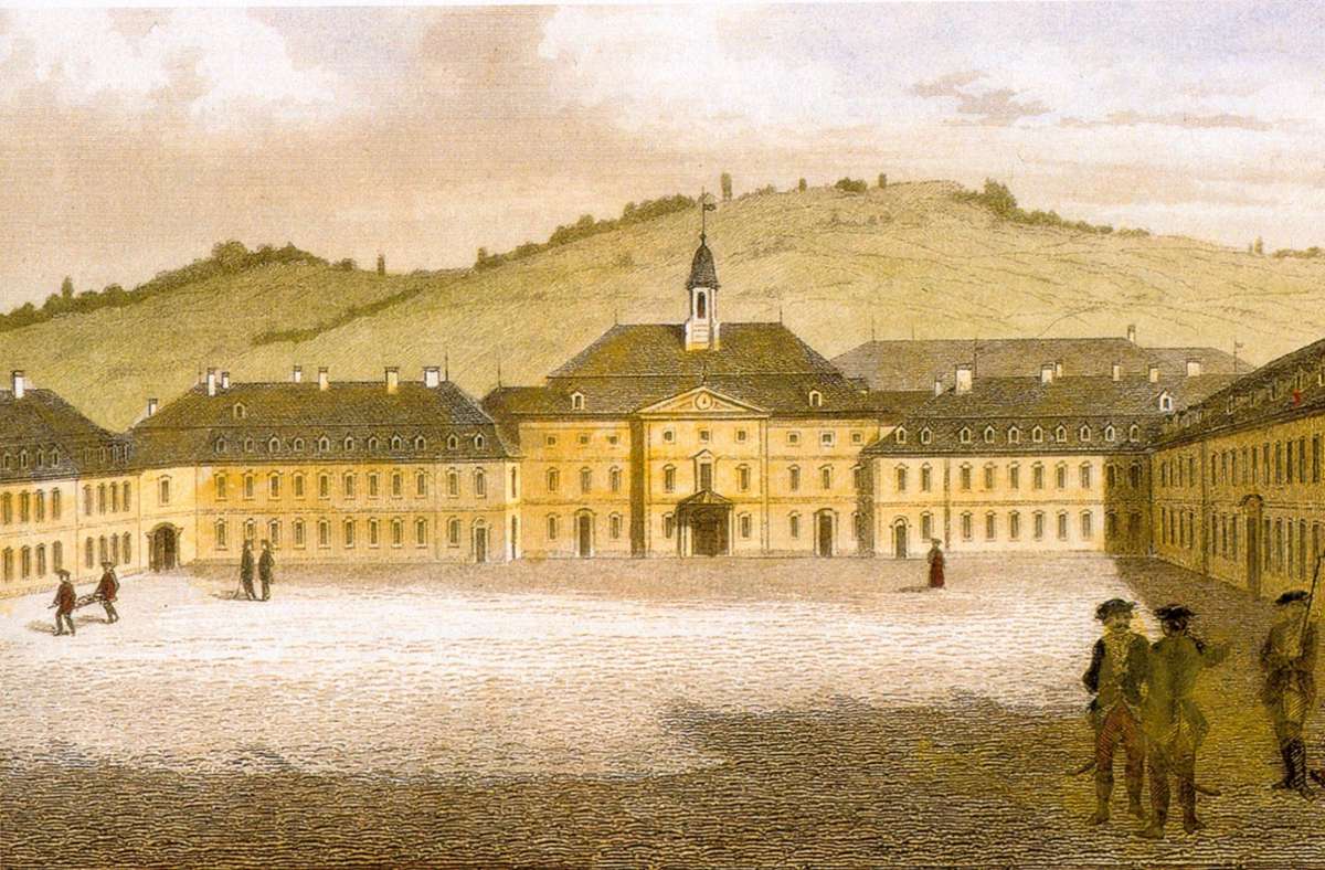 Kolorierter Stahlstich nach einer Zeichnung von Friedrich Schillers Jugendfreund Carl Philipp Conz, Blick Richtung Geroksruhe. Beide gingen auf die Hohe Carlsschule. In der Mitte steht das Hauptgebäude mit dem großen Festsaal.