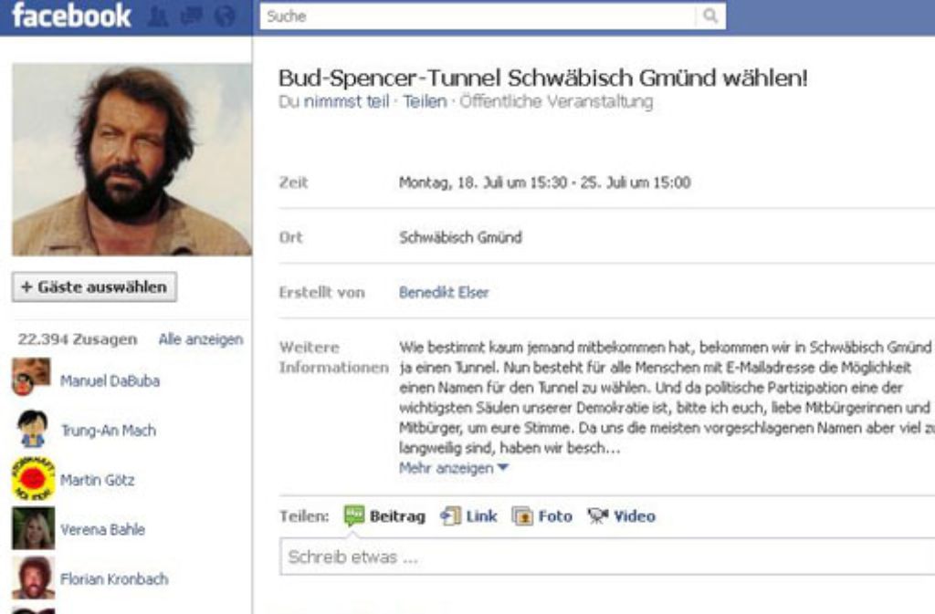 Zehntausende User unterstützen die Bud-Spencer-Aktion auf Facebook. Screenshot: StZ