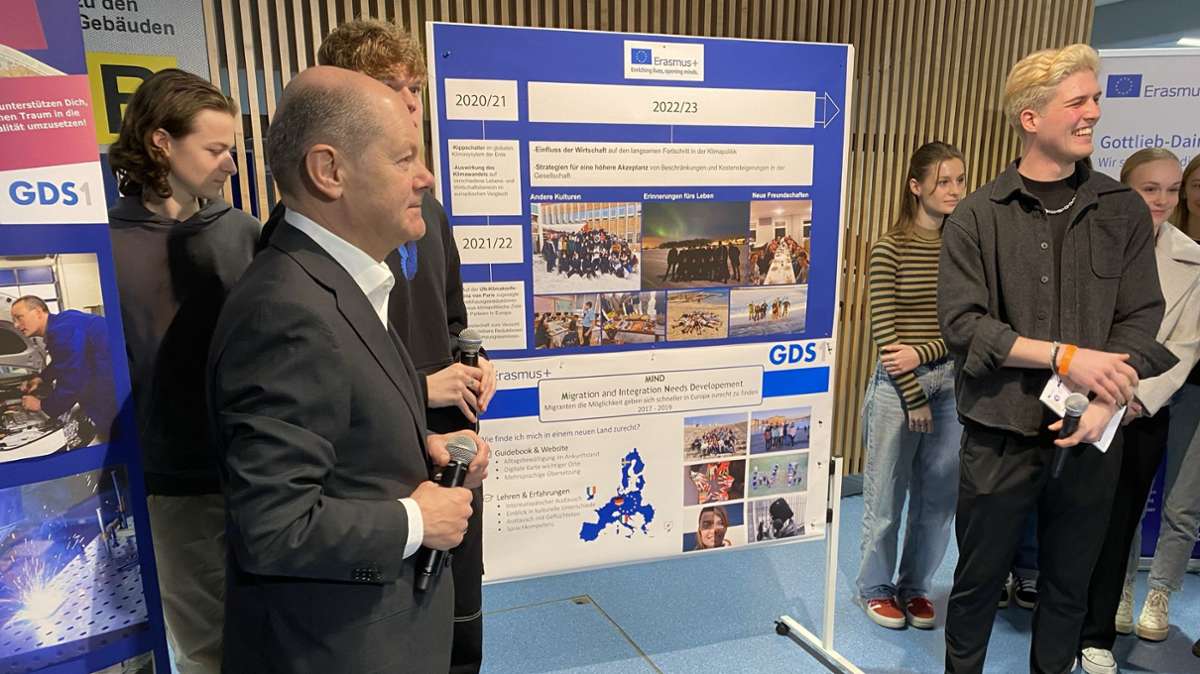 Die Schülerinnen und Schüler präsentieren ihre EU-Projektplakate.