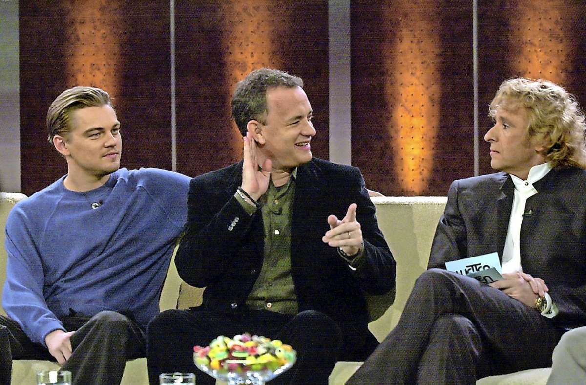 Am 25. Januar 2003 waren die Filmschauspieler Leonardo DiCaprio (v.l.) und Tom Hanks zu Gast bei Thomas Gottschalk. Foto: