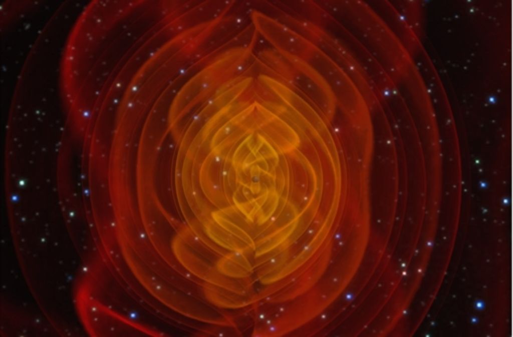 Wenn es im Kosmos richtig rumpelt, entstehen Gravitationswellen. Sie sind so schwach, dass man bisher noch keine einzige zweifelsfrei registriert hat. Diese Simulation zeigt sie in Farbe – nach dem Zusammenstoß von zwei Schwarzen Löchern. Für die Simulation wurde ein Supercomputer benötigt – und das, obwohl man zwei exakt gleiche Objekte miteinander verschmelzen ließ, um die Berechnungen zu vereinfachen. Das fusionierte Schwarze Loch ist die kleine Kugel in der Mitte.