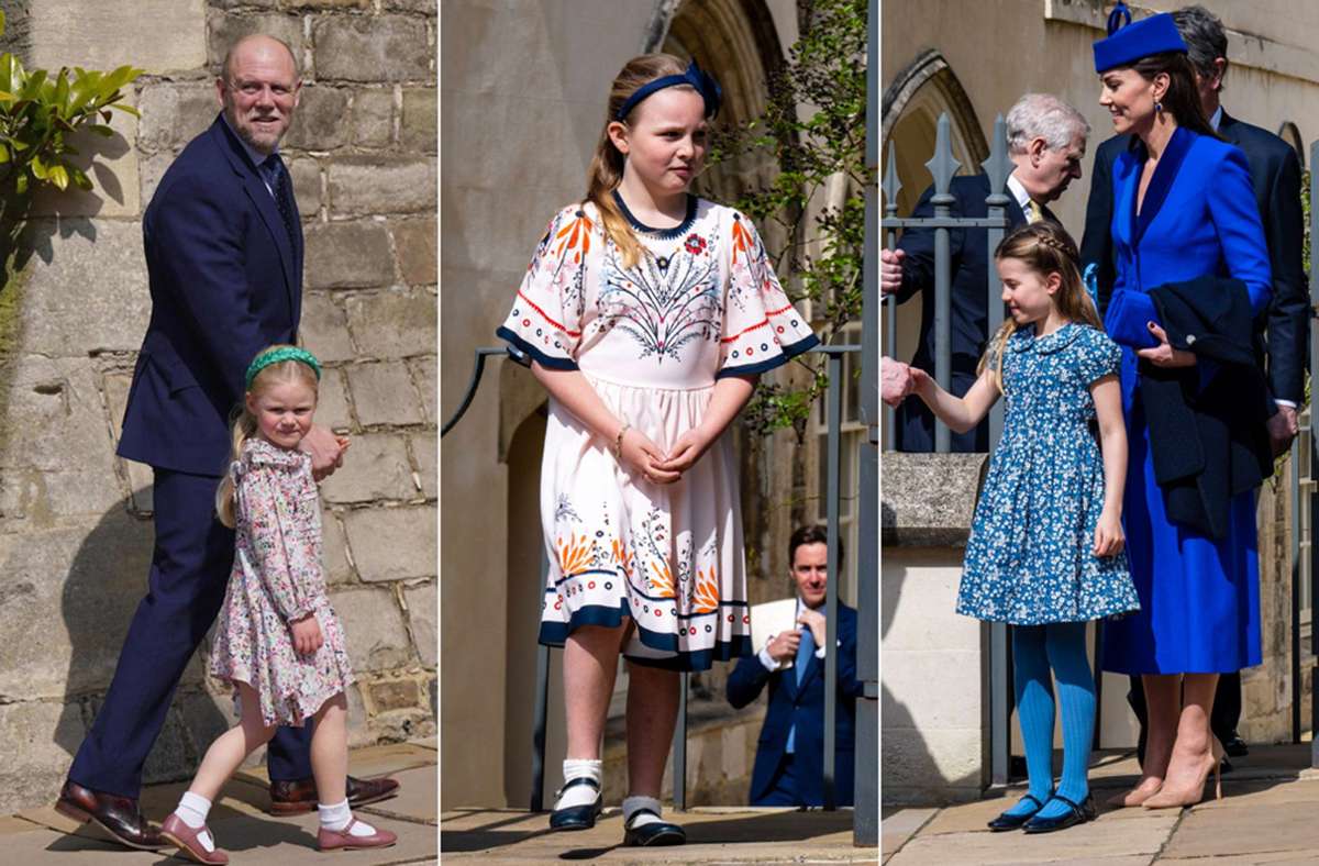Blumengrüße aus Windsor: Lena und Mia Tindall und Prinzessin Charlotte (von links) beim Osterspaziergang zur Kirche.